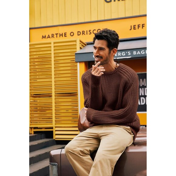 Men's Crewneck Knit Cozy Sweater Pullover Coffee Brown Casual Textured Size S-XL - Picture 2 of 7